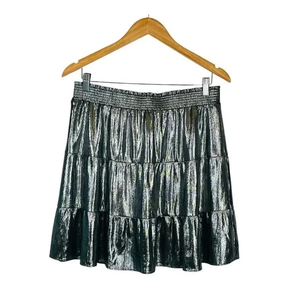 Ann Taylor LOFT Silver Metallic Tiered Mini‎ Skirt Elastic Women Size Medium - Picture 1 of 7